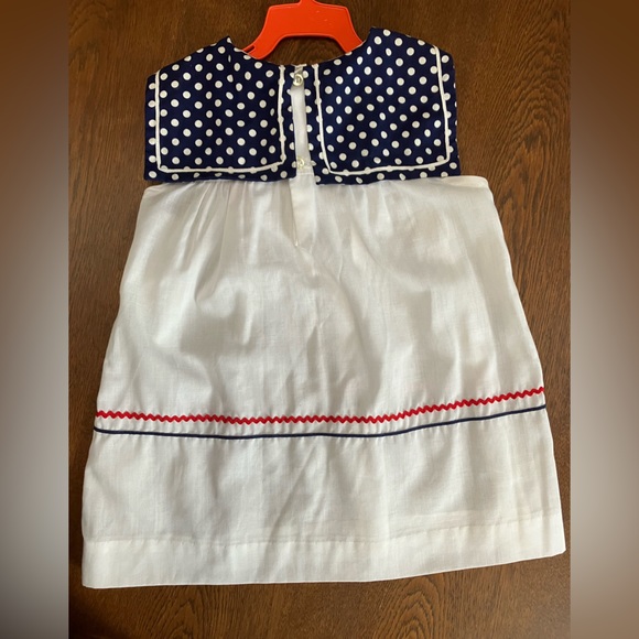 Polly Flinders hand smocked 3T sleeveless dress white w/blue-white dot, red trim - Picture 2 of 4